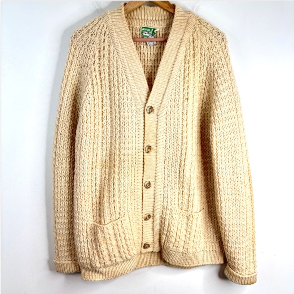 VTG 70s Bainin Glen Abbey Wool Fisherman Cardigan Sweater L Ireland Cream Aran